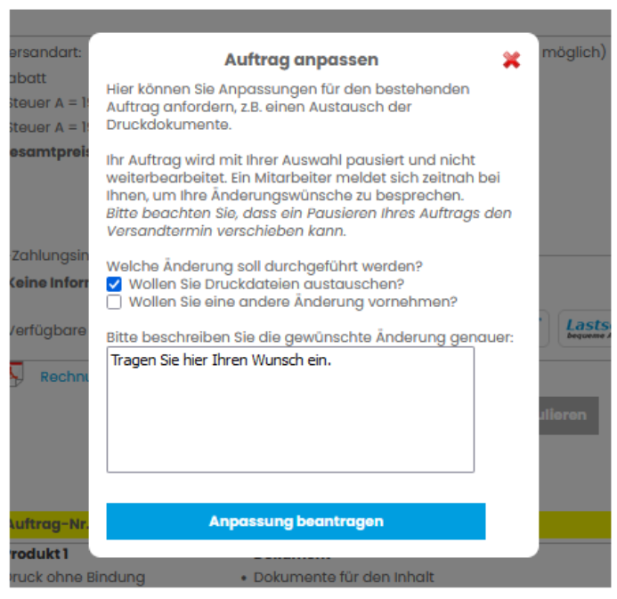 Auftrag anpassen Dialog