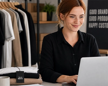 Mitarbeiterin betreut den Web-Shop eines Kunden