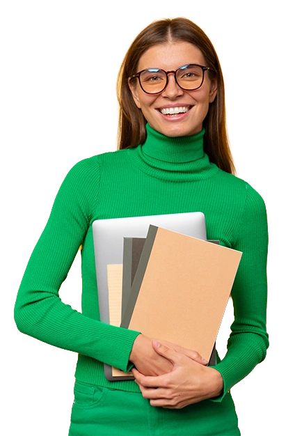 Junge Frau mit langen Haaren und Brille hält Klebebindungen im Arm