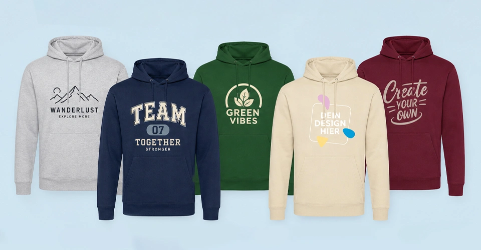 Auswahl an individuell bedruckten Hoodies in unterschiedlichen Farben