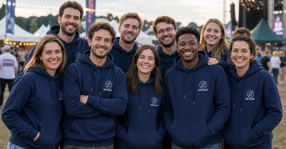 Diverses Team mit schwarzen Hoodies mit individuellem Logo-Druck
