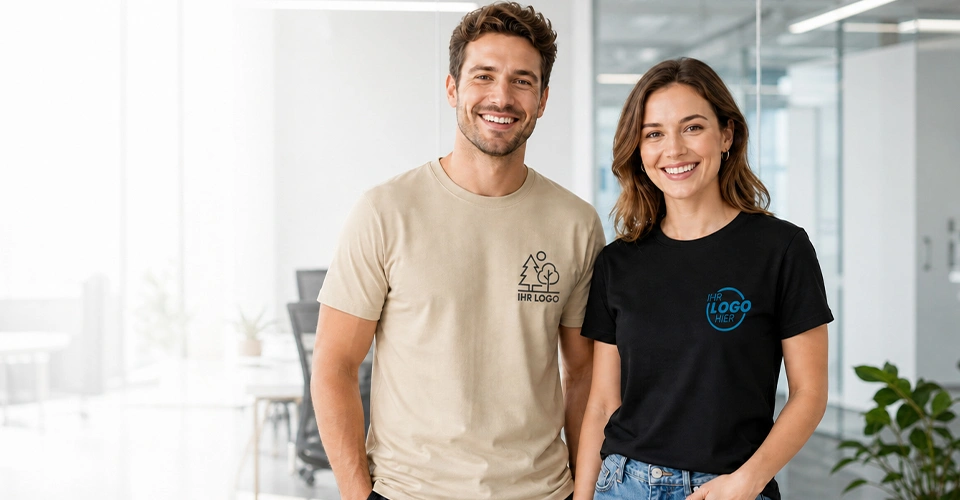 Mann und Frau mit T-Shirts in Organic und Basic AUsführung mit Logo Druck für Business-Kunden