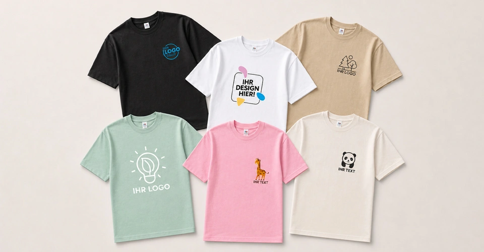 Auswahl an individuell bedruckten T-Shirts in unterschiedlichen Farben
