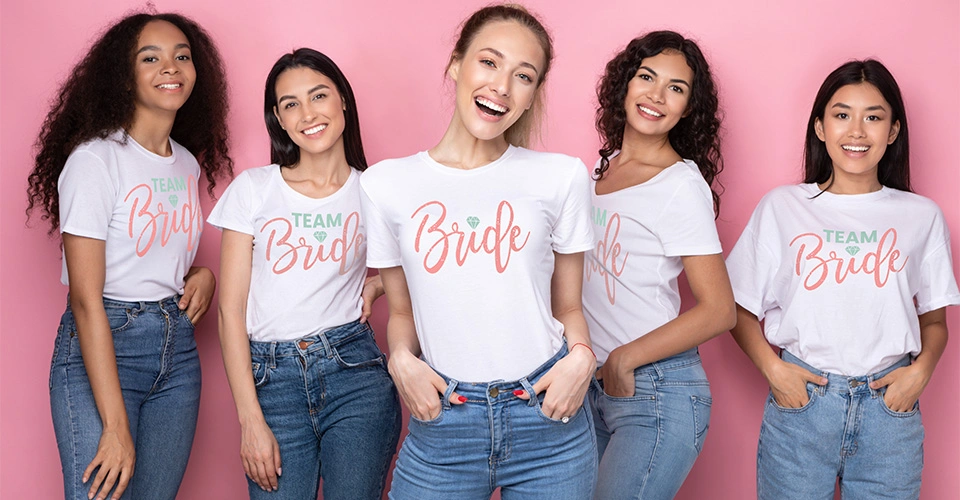 Group of women wearing T-shirts with ready-made bachelorette party designs