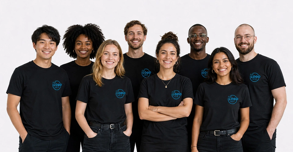 Diverses Team mit bedruckten, schwarzen T-Shirts
