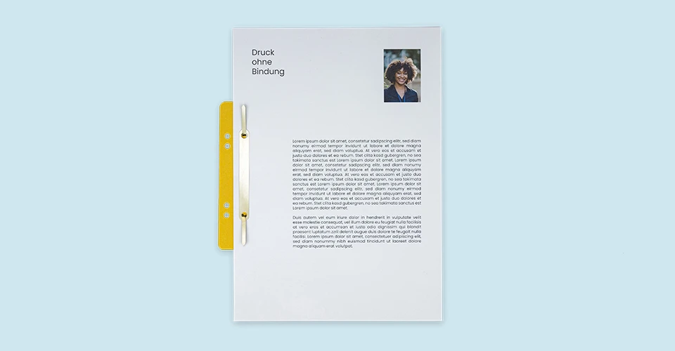 Documents bound with yellow filing strip on blue background