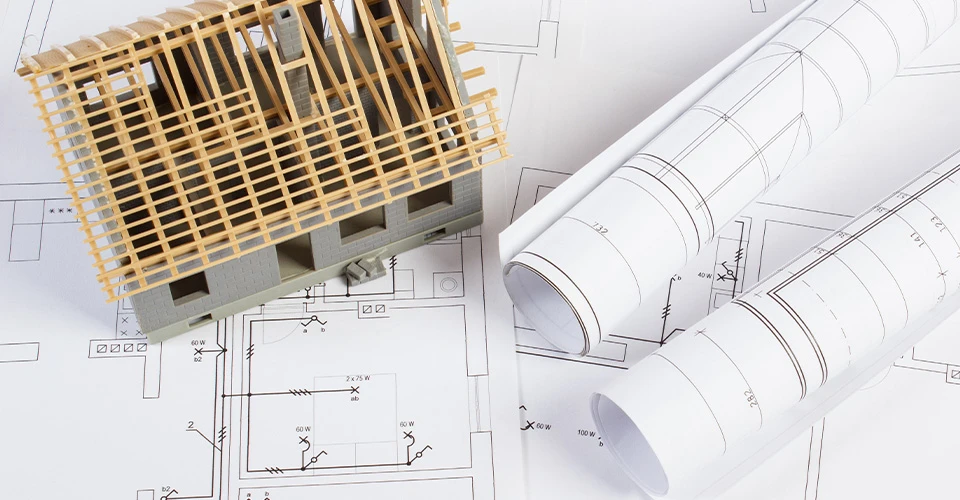 CAD-Plots mit visualisiertem Rohbau eines Wohnhauses
