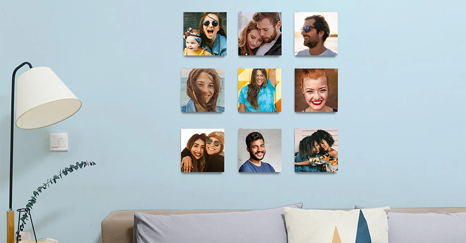 Quadratische Fotos auf Holz als Wandobjekte