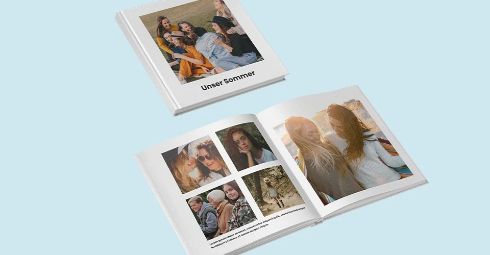 Square photo book opened and closed with holiday pictures