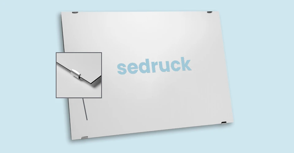 Printed foam board with self-adhesive plate hanger