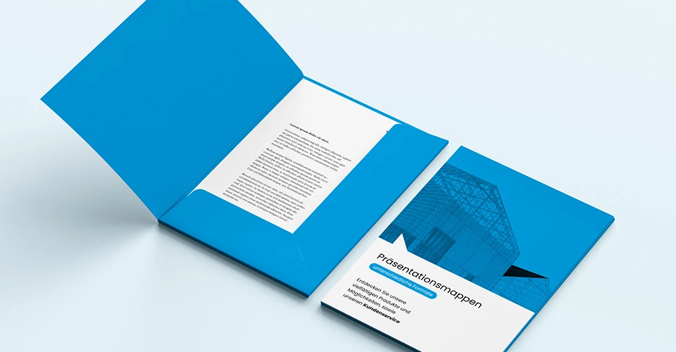 Presentation folders open and closed with contents on blue background
