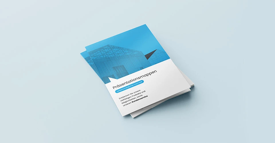 Multiple presentation folders stacked on blue background