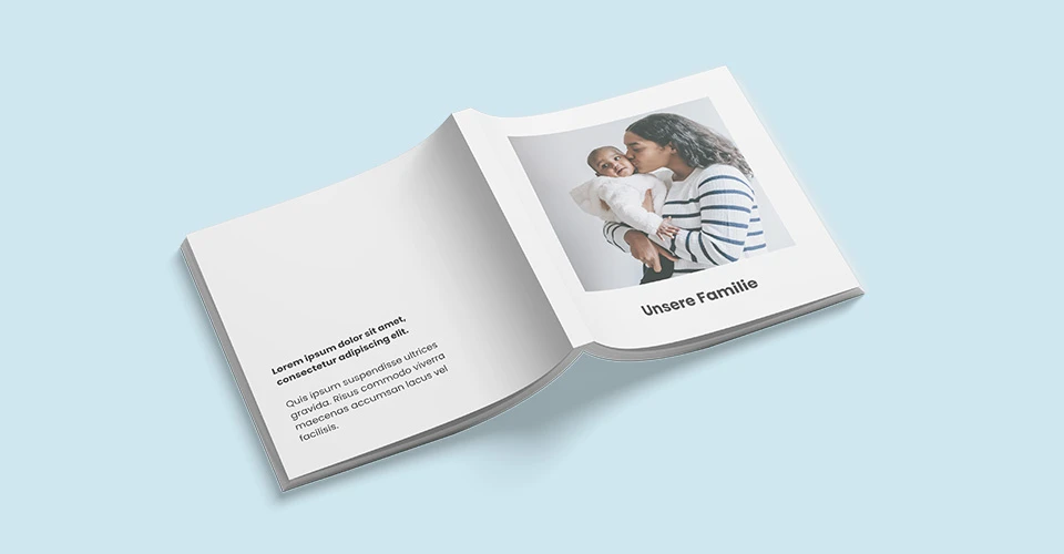 Softcover photo book in square format with spine facing up