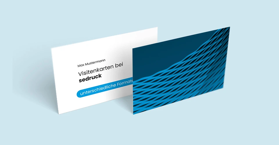 Business card samples with printed front and back on blue background