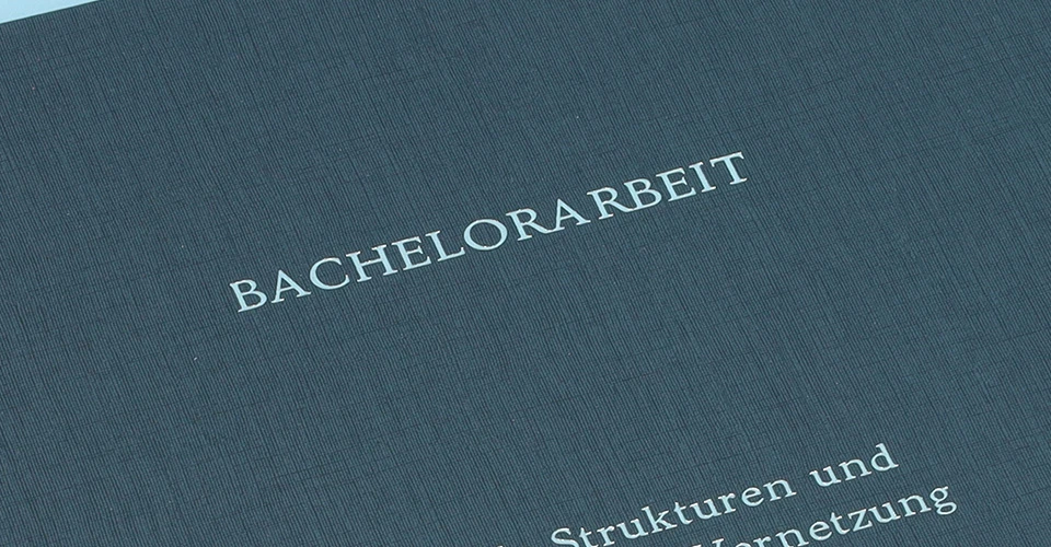 Hardcover thesis with linen cover and detailed embossing