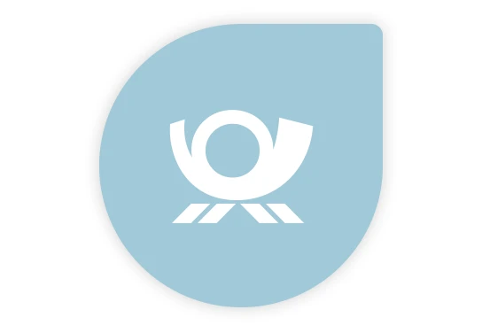 Logo of Deutsche Post in white on blue drop shape