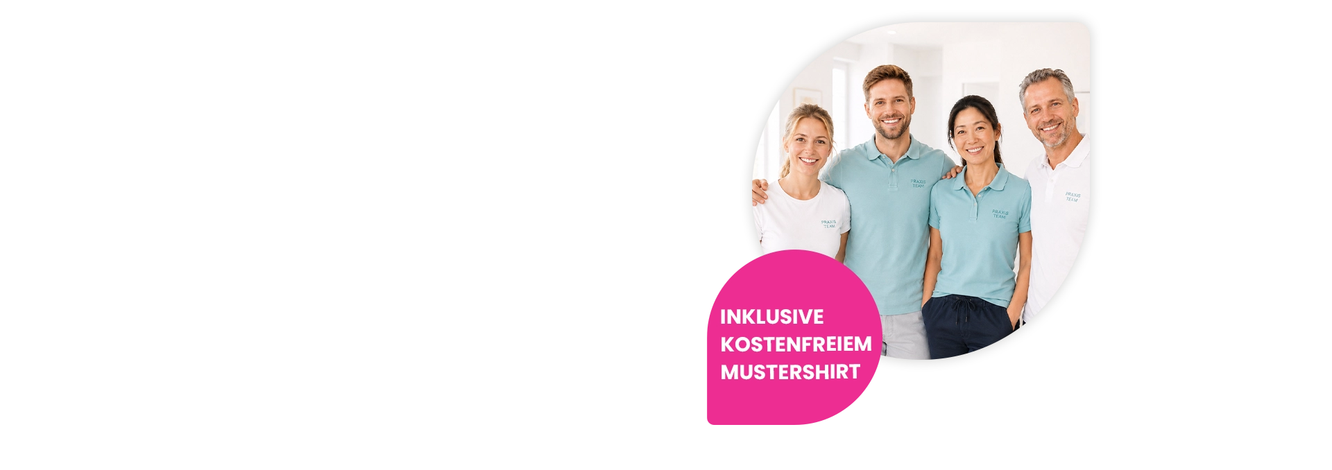 Team einer Arztpraxis mit Team-Shirts und Berufsbekleidung