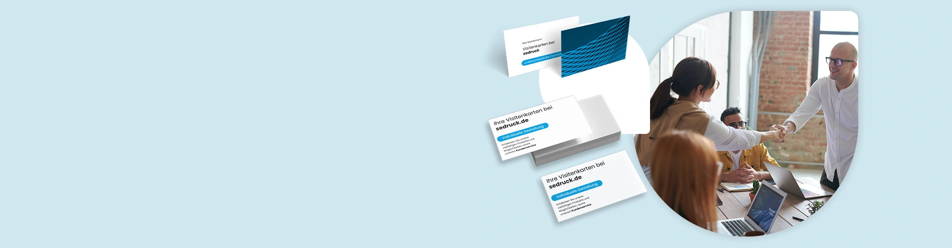 Various business cards in individual designs and large print runs – business people shaking hands