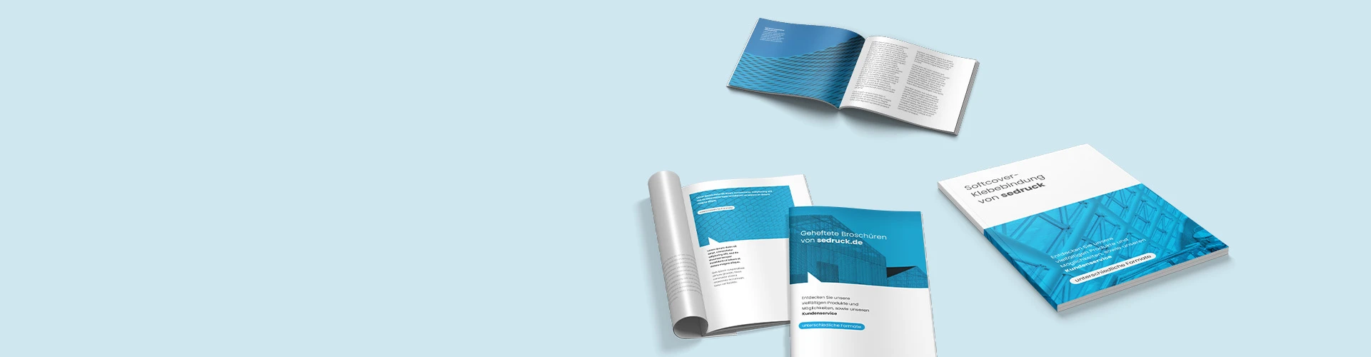 Different brochure bindings on a blue background