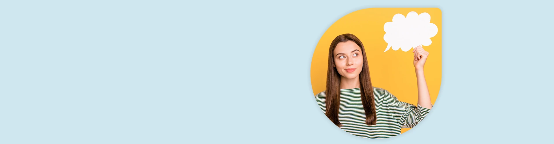 Frau mit Gedankenblase auf gelbem Hintergrund