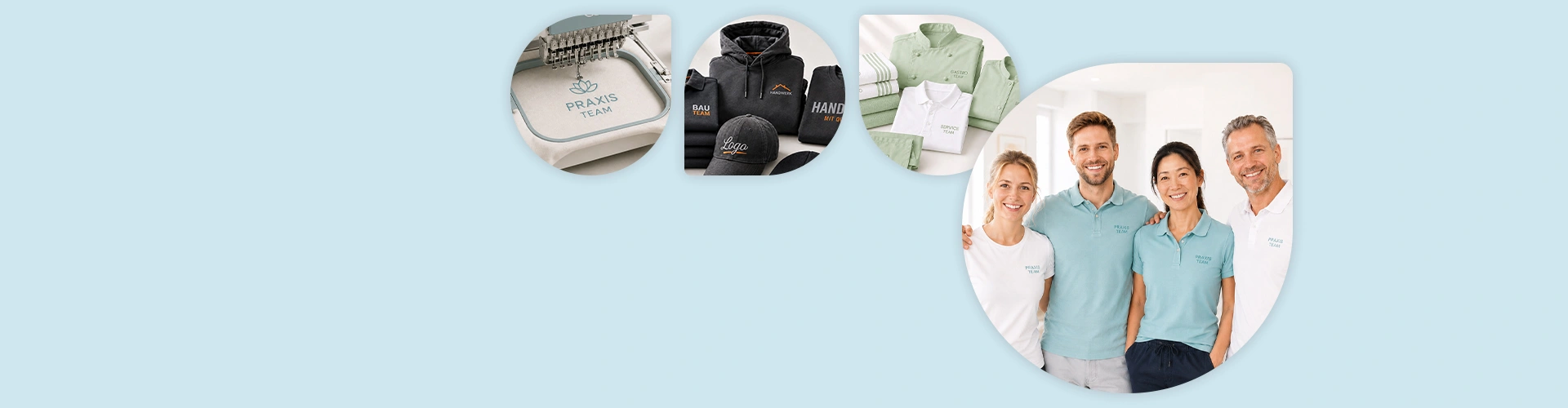 Belegschaft mit einheitlichen Team-Shirts und unterschiedliche Verafhren zur Textilveredlung